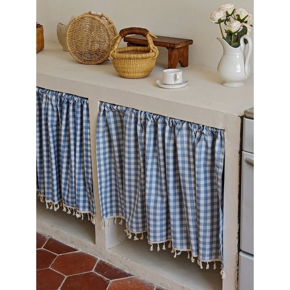 Buffalo Plaid Kitchen Curtain & Valance Set, Nordic Daisy Pattern Semi-Sheer Tassel Curtain, Farmhouse Cafe Half Window Curtain for Home & Christmas