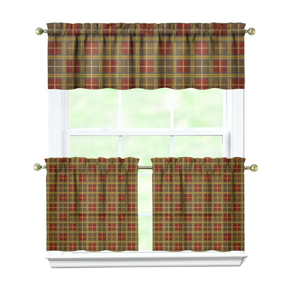 Buffalo Plaid Kitchen Curtains Set - Vintage Retro Abstract Colorful Checkered Checkerboard Rustic Farmhouse Classic Red Black Striped Moroccan Geometric Tier and Valance Rod Pocket Drapes