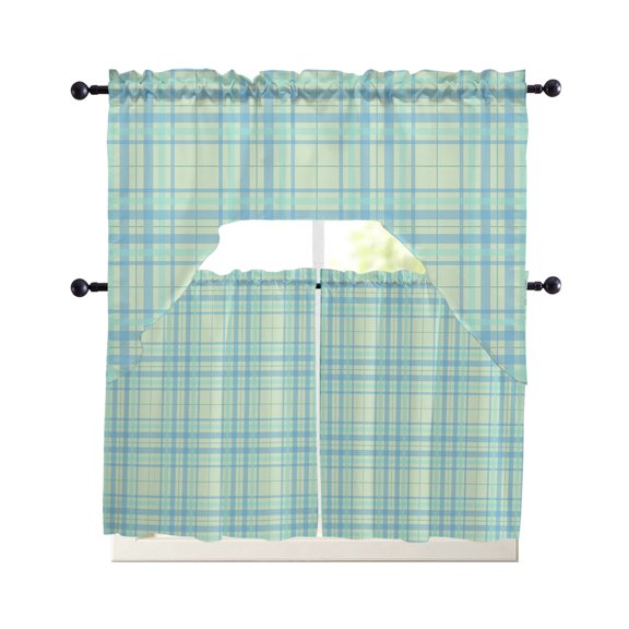 Buffalo Plaid Kitchen Curtains Sets for Windows 3 Piece, Mint Blue Farmhouse Gingham Striped Kitchen Curtains and Valances Tier Set 24 Inch Length Swag Curtain for Living Room Cafe Bathroom Bedroom
