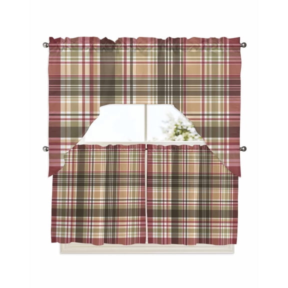 Buffalo Plaid Kitchen Curtains Swag Valance and Tier Curtains Set 24 Inch Length, Modern Farmhouse Colorful Checkered Rod Pocket Drape Panels Pair Swag Curtains for Bathroom/Cafe/Window