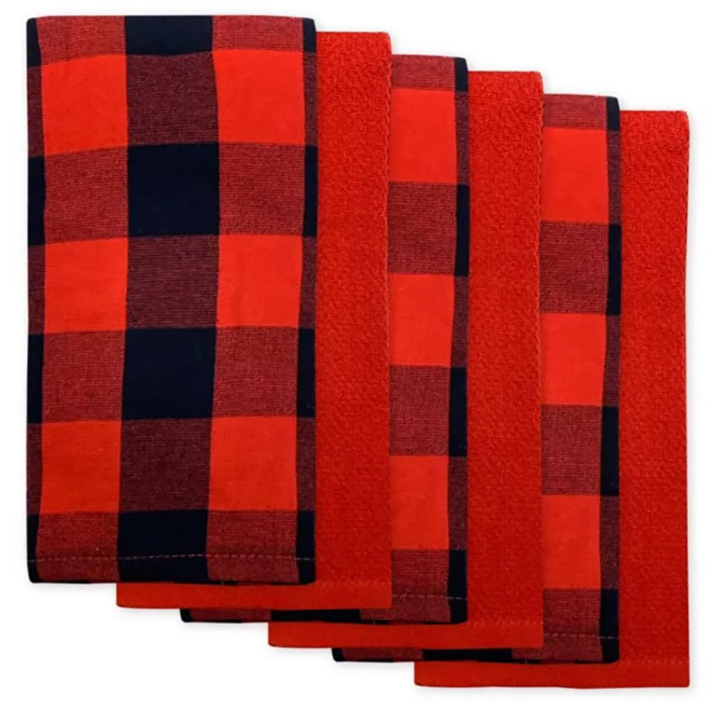 Buffalo Plaid Kitchen Dish Towels Set of 6, Red Black, Cotton, Bee & Willow