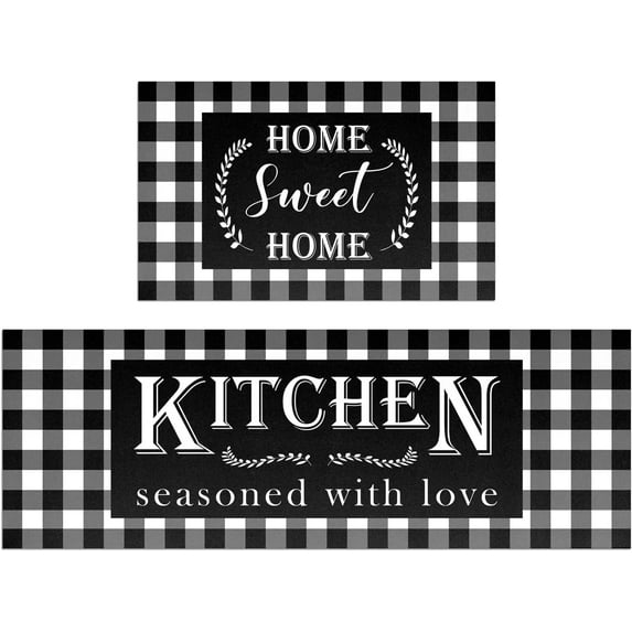 Buffalo Plaid Kitchen Mat Set of 2 Non Slip Thick Kitchen Rugs and Mats for Floor Comfort Standing Mats for Kitchen, Sink, Office, Laundry, 17"x47"+17"x28"