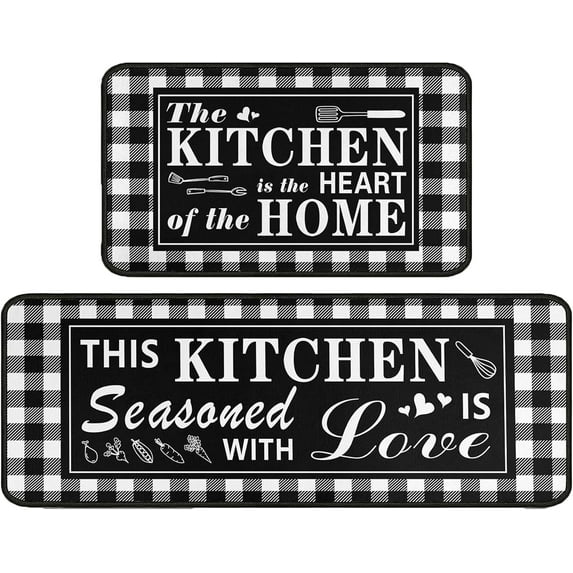 Buffalo Plaid Kitchen Rug 2 Pieces Set, Washable Non-Slip Kitchen Sink Decor Carpet, Home Black and White Cushioned Kitchen Floor Standing Mats 17"x47"+17"x30"