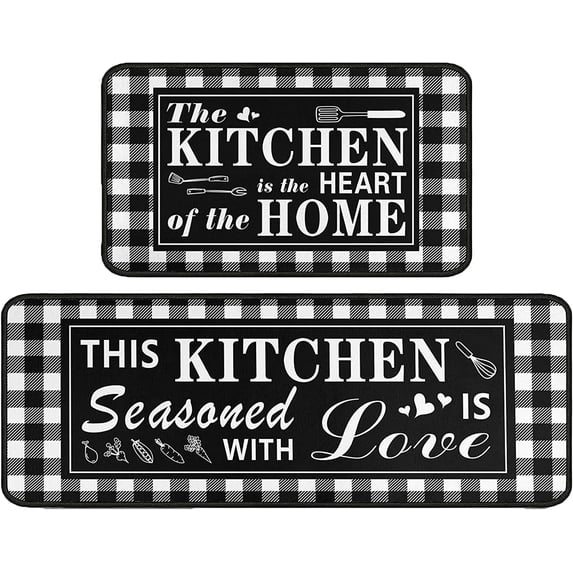 Buffalo Plaid Kitchen Rug 2 Pieces Set, Washable Non-Slip Kitchen Sink Decor Carpet, Home Black and White Cushioned Kitchen Floor Standing Mats 17"x47"+17"x30"