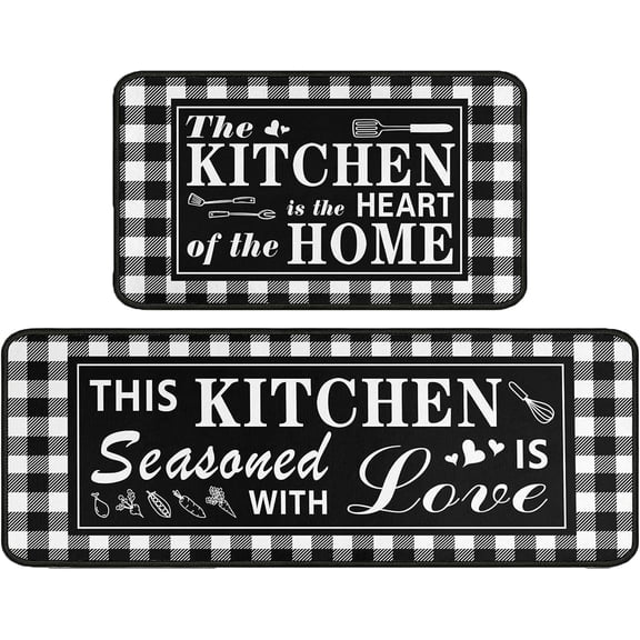 Buffalo Plaid Kitchen Rug 2 Pieces Set, Washable Non-Slip Kitchen Sink Decor Carpet, Home Black and White Cushioned Kitchen Floor Standing Mats 17"x47"+17"x30"