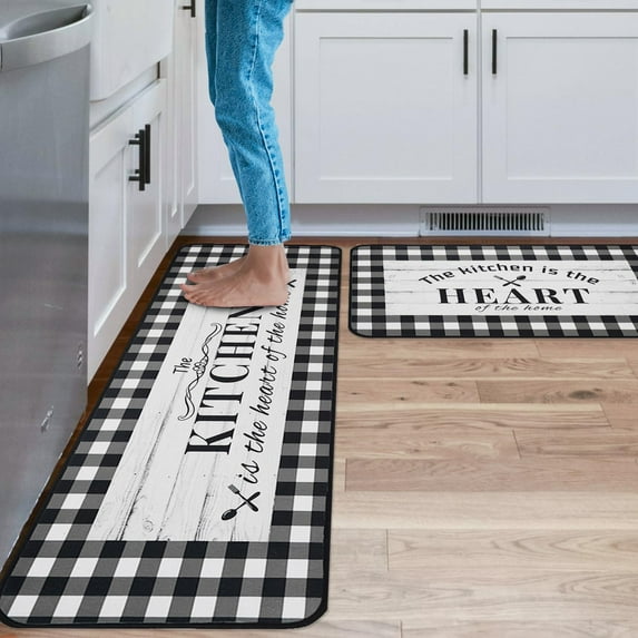 Buffalo Plaid Kitchen Rugs and Mats Non Skid Washable, Black and White Check Kitchen Sink Mat Rug Floor Mat, Plaid Kitchen Decor and Accessories Home Decor, Kitchen Mat Set of 2 ( Sunflower, Plaid）
