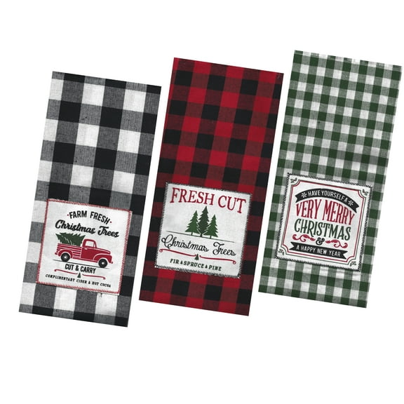 Buffalo Plaid Kitchen Towels, Set of 3 Flat Embroidered, Red Truck, Trees from Kane