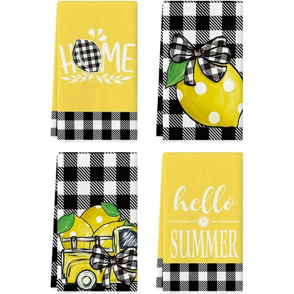 Buffalo Plaid Lemon Home Truck Hello Summer Kitchen Towels Dish Towels, 18x26 Inch Seasonal Decoration Hand Towels Set of 4