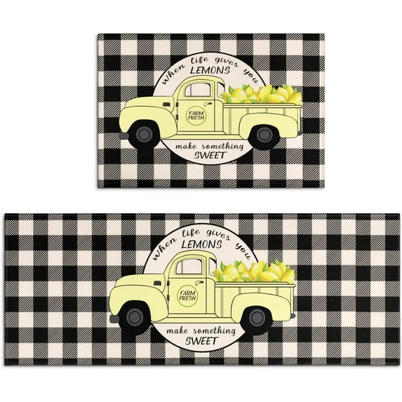Buffalo Plaid Lemon Kitchen Rugs and Mats Set 2 Pieces,Spring Summer Kitchen Rug Non Slip Absorbent Mats for Sink Waterproof Runner Rug for Laundry room17 x24 + 17"x48"
