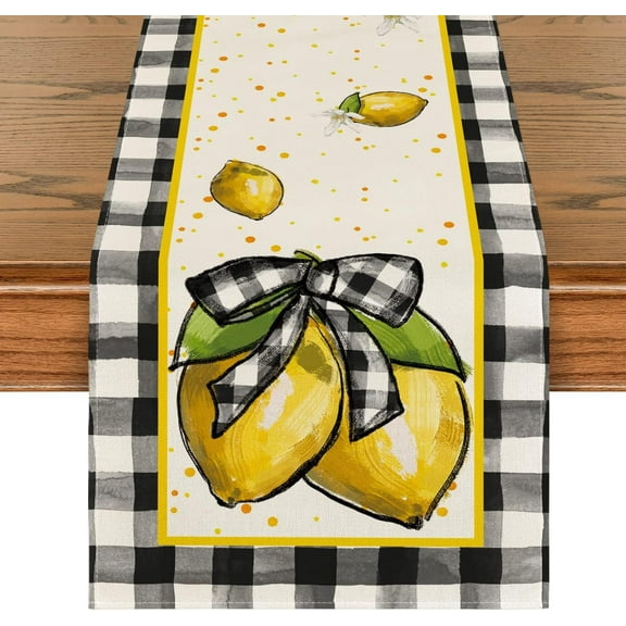 Buffalo Plaid Lemon Summer Table Runner, Seasonal Spring Kitchen Dining Table Decoration for Home Party Decor 13x36 Inch
