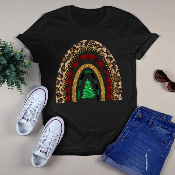 Buffalo Plaid Leopard Boho Christmas Tree Xmas Gift Tshirt