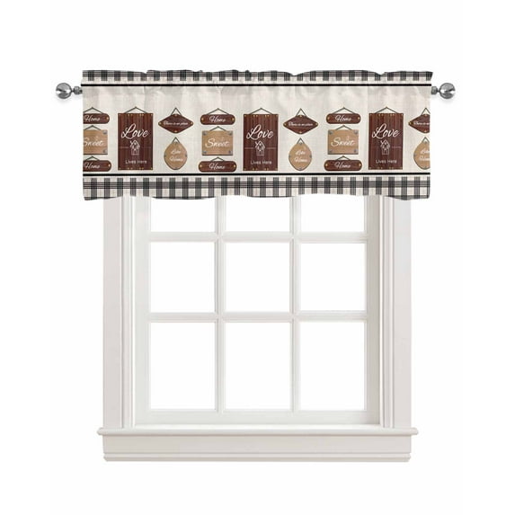 Buffalo Plaid Linen Curtain Valance for Bedroom/Bathroom/Kitchen/Office/Living/Dining Room Window,Retro Brown Family Words Wooden Board Pocket Topper Drapes Decorative Cafe Drapery Panel 42"x12"