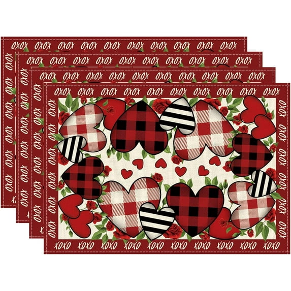 Buffalo Plaid Love Hearts Roses Flowers Valentine's Day Round Placemats Set of 4 Table Mats for Party Home Kitchen Dining Table Decorations 14x14 Inch