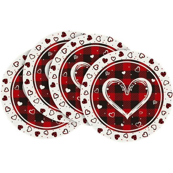 Buffalo Plaid Love Hearts Round Mother's Day Placemats Set of 4, 14 Inch Anniversary Wedding Round Table Mats for Dining Decoration
