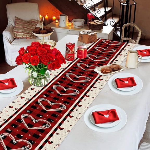 Buffalo Plaid Love Hearts Valentine's Day Table Runner, Valentine Kitchen Dining Table Decoration for Indoor Home Rustic Party Farmhouse Decor