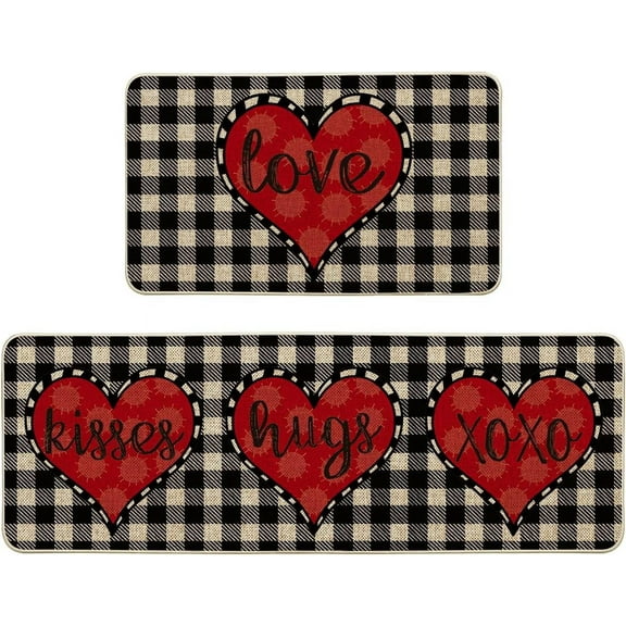 Buffalo Plaid Love Kisses Hugs Valentine''s Day Kitchen Mats Set of 2, Home Decor Low-Profile Kitchen Rugs for Floor - 17x29 and 17x47 Inch