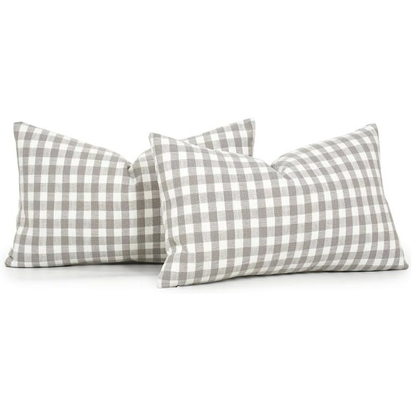 Buffalo Plaid Lumbar Pillow Covers 12x20 Set of 2, Light Grey and White Gingham Check Lumbar Pillows, Outdoor Farmhouse Checkered Pillow Covers for Patio Furniture (No Pillow Inserts)