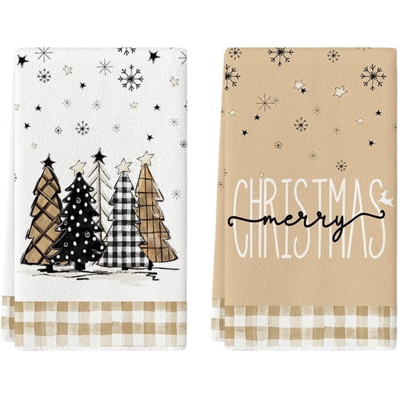 Buffalo Plaid Merry Christmas Kitchen Towels Dish Towels, 18x26 Inch Winter Xmas Trees Star Decoration Hand Towels Set of 2