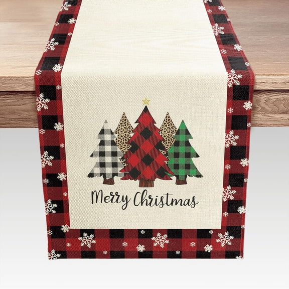 Buffalo Plaid Merry Christmas Tree Table Runner, Winter Xmas Snowflakes Holiday Table Decorations Kitchen Dining Table Runners for Indoor Outdoor Home Party Decor 13 x 48 Inches