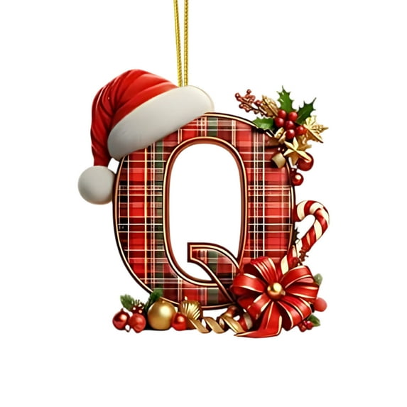 Buffalo Plaid Monogram Christmas Ornament, Flat Acrylic Personalized Initial Christmas Tree Ornament with Santa Hat, Xmas Stocking Tag, Farmhouse Rustic Monogram Decoration - Letter Q