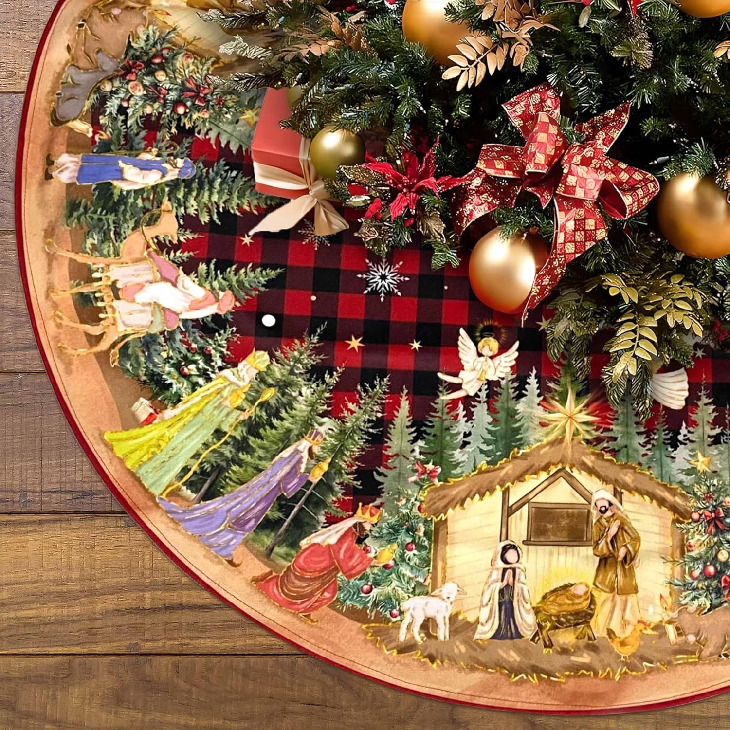 Buffalo Plaid Nativity Christmas Tree Skirt Holiday Decoration Xmas Winter Holiday Tree Mat Base Cover for Home Party Indoor Outdoor Decorations (Red 2, 36")