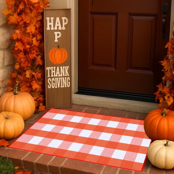 Buffalo Plaid Outdoor Rug,15.7x23.6in Checkered Front Door Mat,Non Slip Absorbent Entryway Rug Doormat Indoor,Washable Outdoor Rugs for Layered Door Mats Front Porch/Farmhouse Orange and White