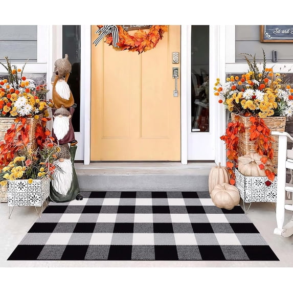 Buffalo Plaid Outdoor Rug 27.5''x 43.3''Black and White Checkered Rug Cotton Machine Washable Farmhouse Mat for Outdoor, Kitchen, Farmhouse, Entryway,Bathroom