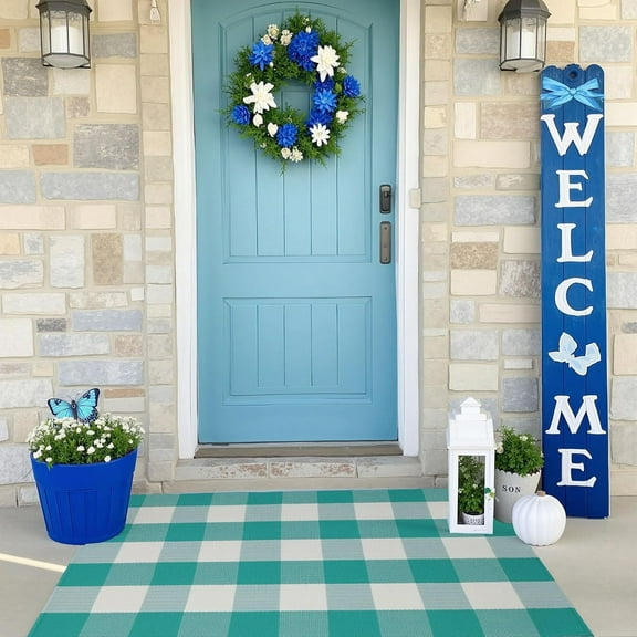 Buffalo Plaid Outdoor Rug 27.5" x 43" Teal Green and White Plaid Checkered Area Rug Washable Doormats Indoor Outdoor Rugs for Layered Front Door Mats, Porch, Entryway, Kitchen, Farmhouse