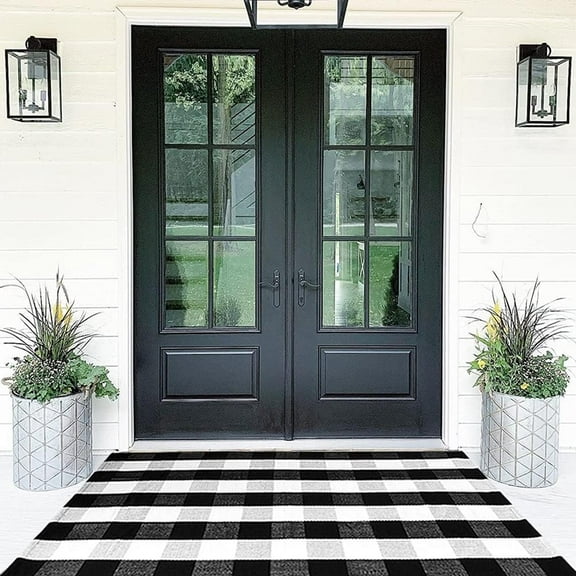 Buffalo Plaid Outdoor Rug 35.4'' x 59'' Black and White Front Door Mat Front Porch Rug Layered Welcome Door Mat for Front Porch Decor, Front Door, Farmhouse Decor,Entryway