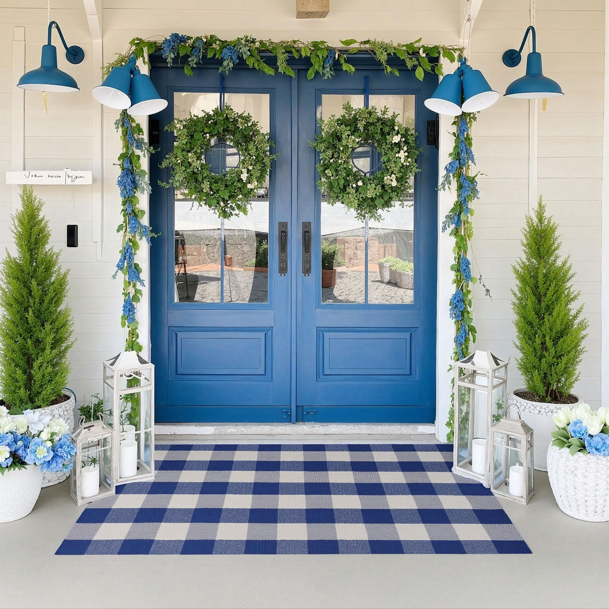 Blue Door Rug Buffalo Plaid Outdoor Rug 3x5 Ft Blue and White Plaid Checkered Area ...