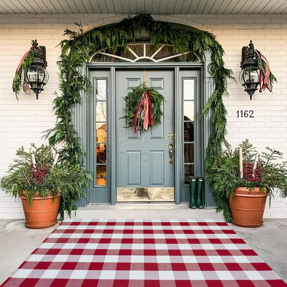 Buffalo Plaid Outdoor Rug, 4' x 6' Red&White Christmas Check Indoor/Outdoor Area Rug, Layering Rug for Hello/Welcome Door Mat, Machine Washable Cotton Woven Rug for Farmhouse Front Porch, Entryway