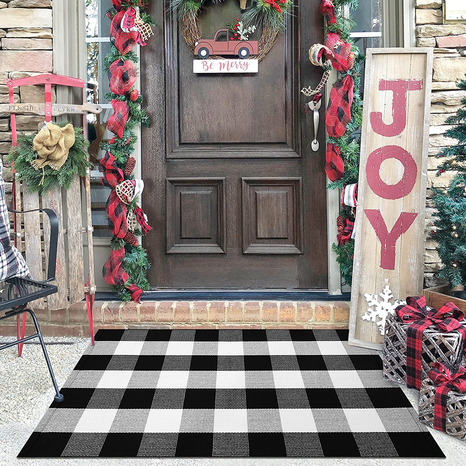 Buffalo Plaid Outdoor Rug Doormat 24'' x 35'', Black/White Checkered Porch  mat