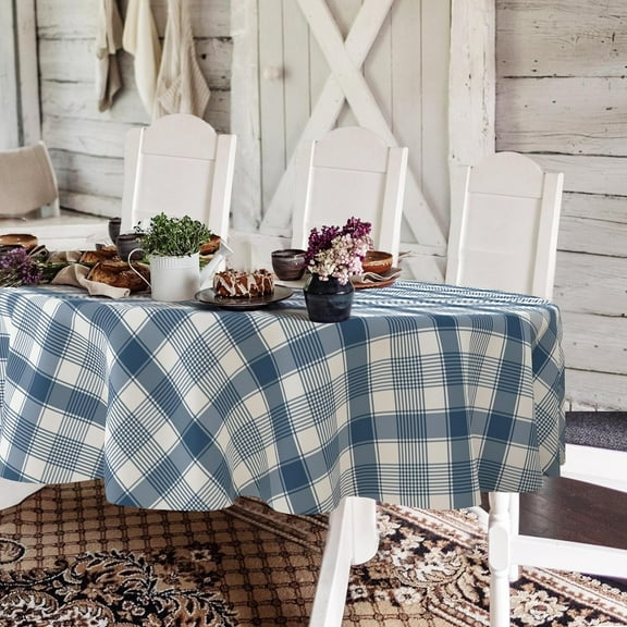 Buffalo Plaid Oval Tablecloth 60x84 Inch, Blue and White Country Tablecloth Classic Rustic Polyester Waterproof Tablecloth for Farmhouse Kitchen Decor/Indoor and Outdoor Tables/Parties/Picnics