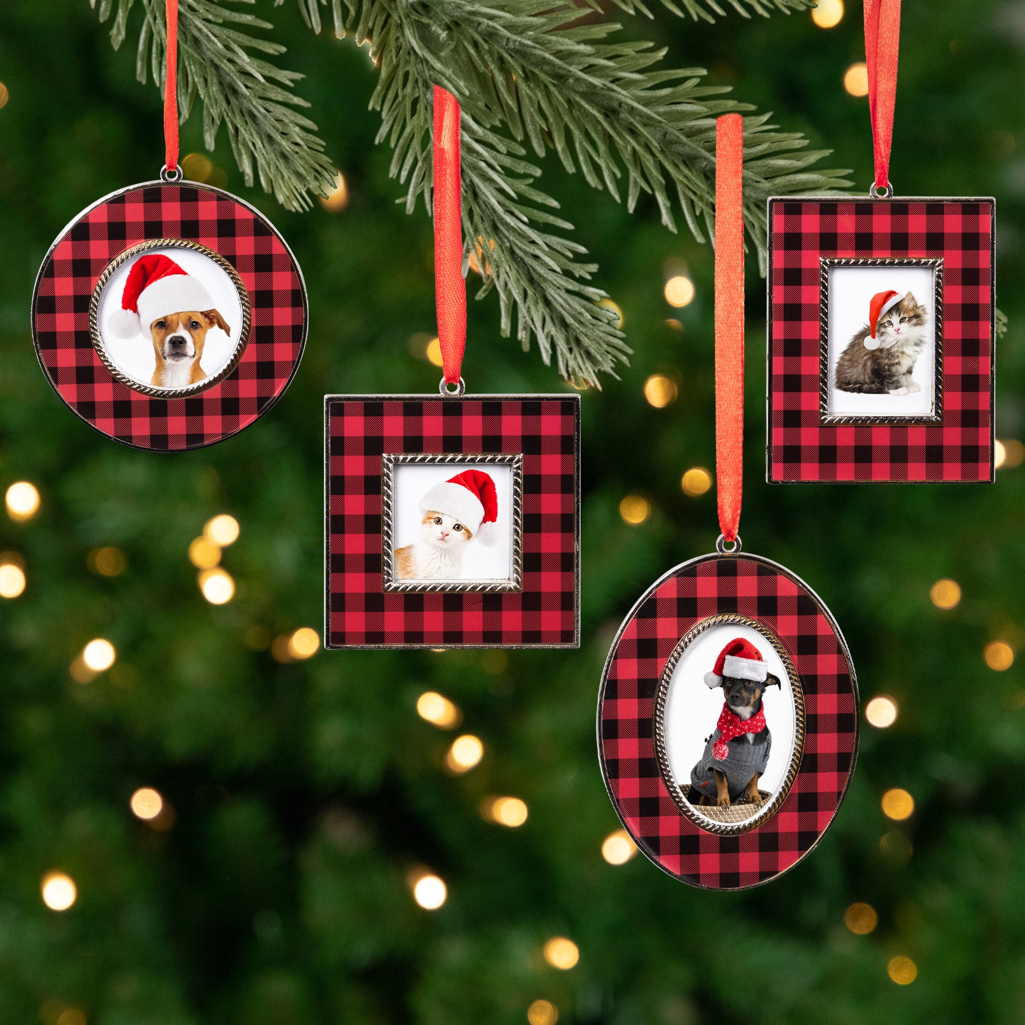 Buffalo Plaid Photo Frame Christmas Ornaments - 3.5" - Set of 4