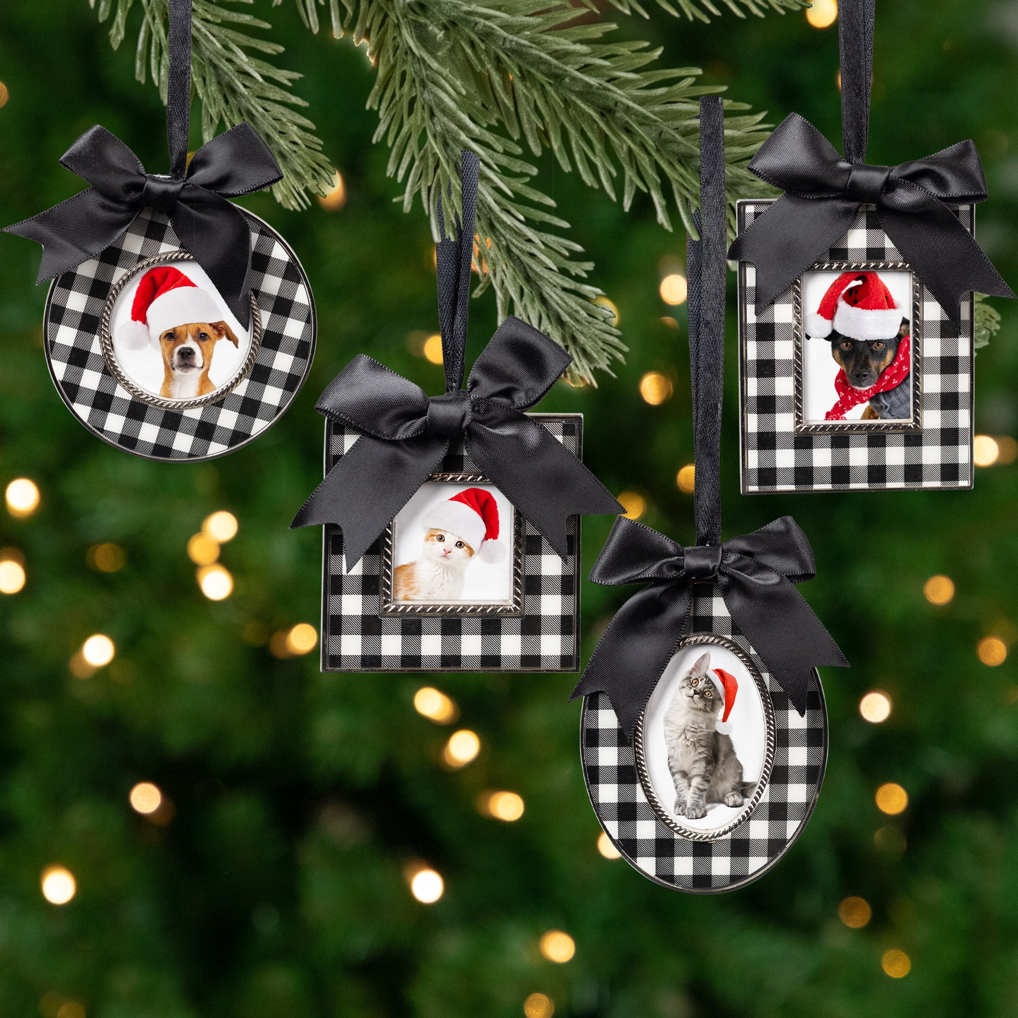 Buffalo Plaid Photo Frame Christmas Ornaments with Bows - 3.5" - Set of 4