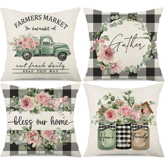 Buffalo Plaid Pink Flower Pillow Covers 18x18 Set of 4 Summer Farmhouse Eucalyptus Leaves Decorations Truck Vase Bless Our Home Linen Cushion Case Gifts for Home Decor