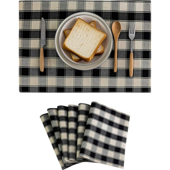 Buffalo Plaid Placemats Set of 6 Farmhouse Place Mats for Kitchen Table, 12 x 18 inches, Black and White