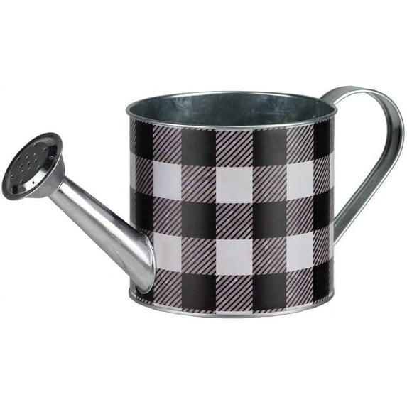 Buffalo Plaid Plant Watering Can - 4.75" Diameter, 4.5" Tall, White & Black Checkered, Galvanized Metal, Indoor Plant, Home Decor, Garden Decor, Christmas