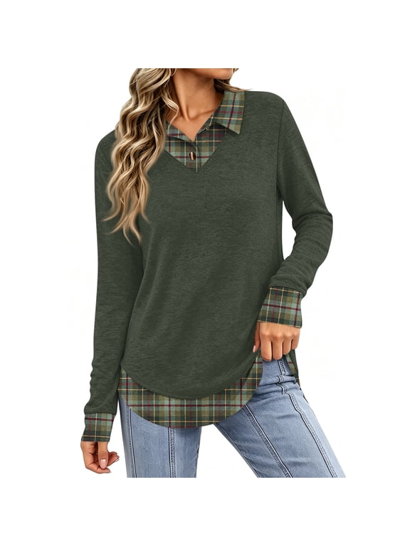 Buffalo Plaid Polo Top Women Long Sleeve Casual Fall Tunic Shirt S