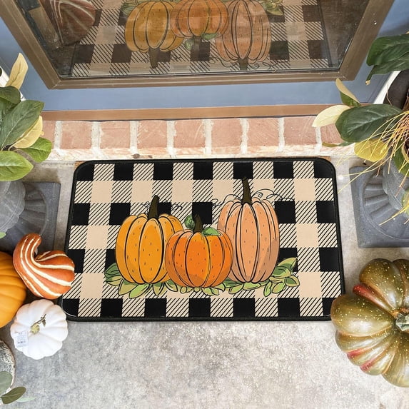 Buffalo Plaid Pumpkin Fall Decorative Door Mat 30 X 17 Inch, Fall Pumpkin Doormat Indoor Outdoor Entrance Floor Mat Non Slip Autumn Thanksiving Decor Rubber Welcome Mats