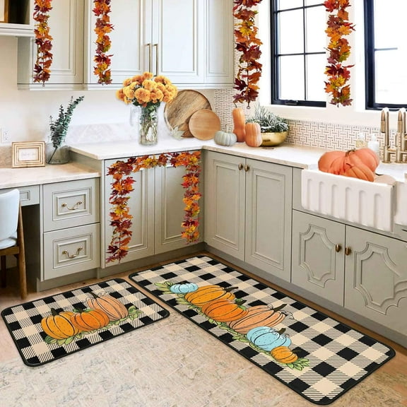 Buffalo Plaid Pumpkin Fall Decorative Kitchen Rugs Set of 2,Non Skid Washable, Home Seasonal Fall Holiday Party Autumn Harvest Thanksgiving Kitchen Mat 17"x47"+17"x30"