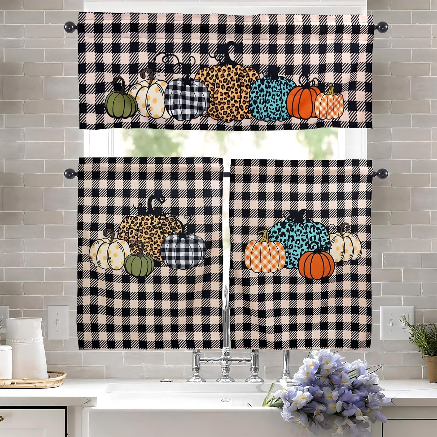 Buffalo Plaid Pumpkin Fall Kitchen Curtains and Valances Set - 3 Piece ...