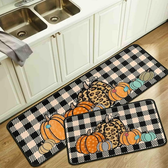 Buffalo Plaid Pumpkin Fall Kitchen Rugs Set of 2,Thanksgiving Autumn Pumpkin Front Door Mat Floor Rug for Fall Home Holiday Party Decor 17"x47"+17"x30"