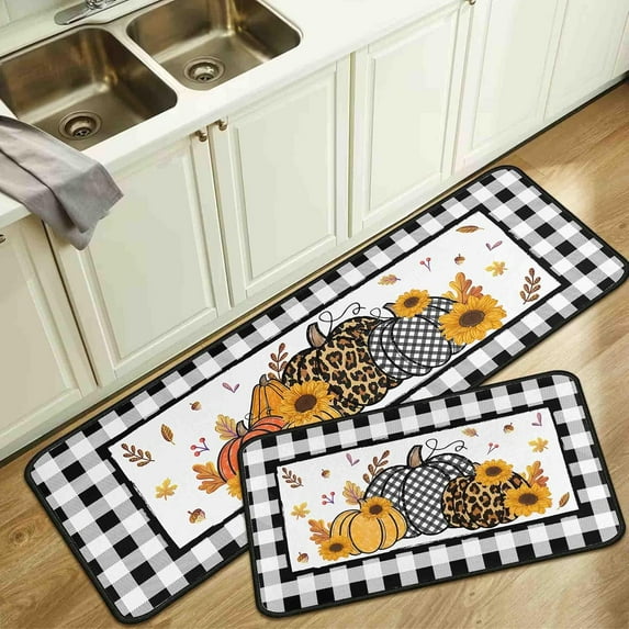 Buffalo Plaid Pumpkin Fall Kitchen Rugs Set of 2,Thanksgiving Autumn Pumpkin Front Door Mat Floor Rug for Fall Home Holiday Party Decor 17"x47"+17"x30"