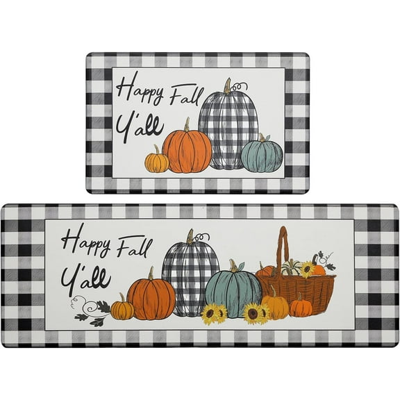 Buffalo Plaid Pumpkin Fall Kitchen Rugs Set of 2, Thick Kitchen Mats Cushioned Anti Fatigue, Non Slip Waterproof Autumn Thanksgiving Kitchen Mats Pumpkin Gnomes Kitchen Rugs and Mats Sets