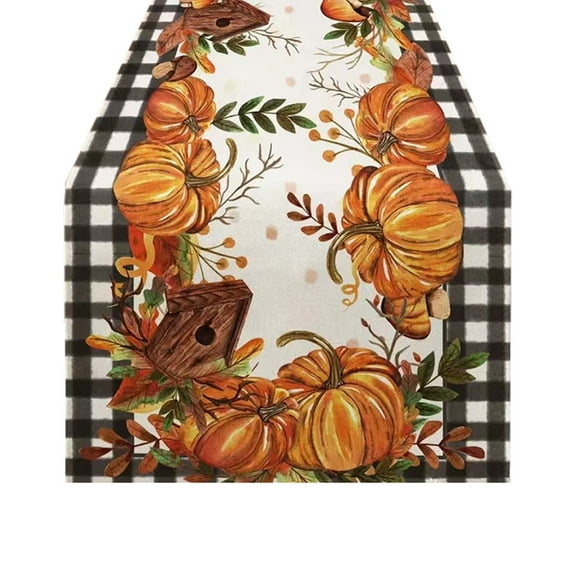 Buffalo Plaid Pumpkins Mushrooms Birdhouse Leaves Table Runner, Seasonal Fall Harvest Vintage Kitchen Dining Table Decoration for Indoor Outdoor Home Party Decor 13x70 Inch