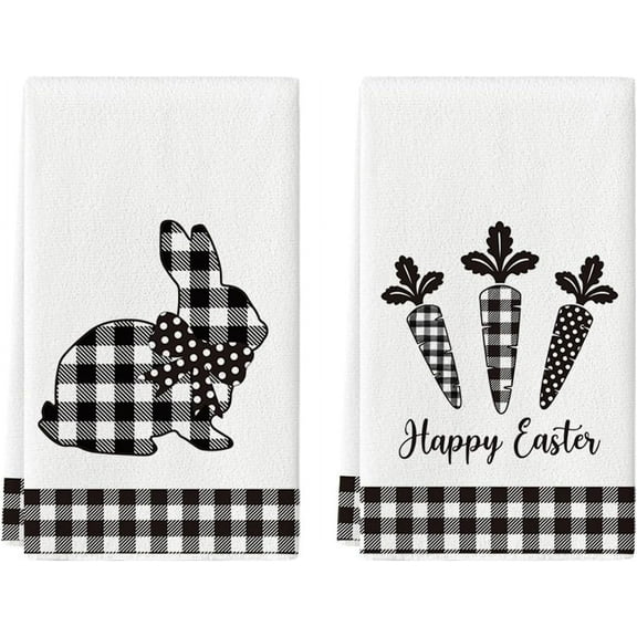 Buffalo Plaid Rabbit Bunny Carrots Happy Easter Kitchen Dish Towels,18x26 Inch Seasonal Spring Decoration Hand Towels Set of 2
