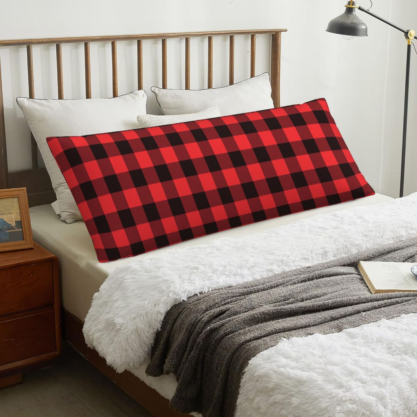 Buffalo Plaid Red Black Body Pillow Cover, Super Soft Body Pillow
