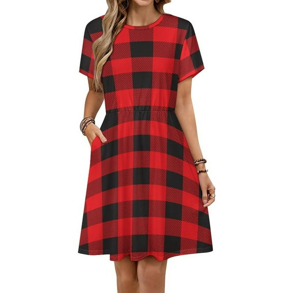 Buffalo Plaid Red Black Dress Fashion Beach Short Sleeve Dresses Female Party Printed Sundress