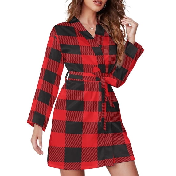 Red Plaid Robe Buffalo Plaid Red Black Night Robe Long Sleeve V Neck Robe With Belt ...